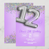Purple Glitter 12th Birthday Invitation (Devant / Derrière)