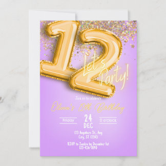Purple Glitter 12th Birthday Invitation