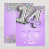 Purple Glitter 14th Birthday Invitation (Devant / Derrière)