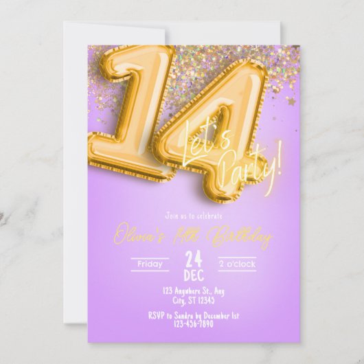 Purple Glitter 14th Birthday Invitation (Devant)