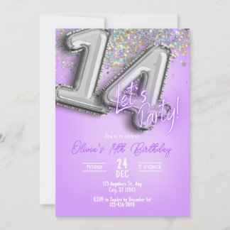 Purple Glitter 14th Birthday Invitation Kaart