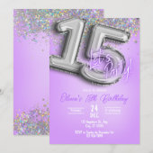 Purple Glitter 15th Birthday Invitation (Devant / Derrière)