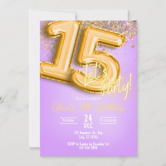 Purple Glitter 15th Birthday Invitation (Devant)