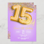 Purple Glitter 15th Birthday Invitation (Devant / Derrière)