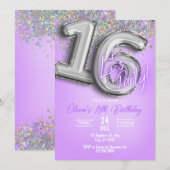 Purple Glitter 16th Birthday Invitation (Devant / Derrière)