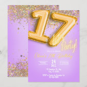 Purple Glitter 17th Birthday Invitation Kaart (Voorkant / Achterkant)