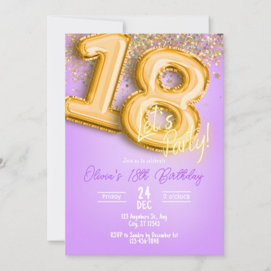 Purple Glitter 18th Birthday Invitation (Devant)