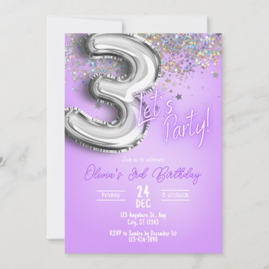 Purple Glitter 3rd Birthday Invitation (Devant)