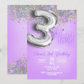 Purple Glitter 3rd Birthday Invitation (Devant / Derrière)