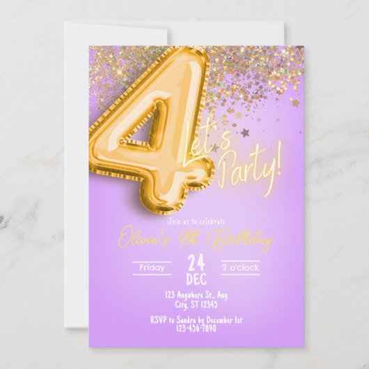 Purple Glitter 4th Birthday Invitation (Devant)