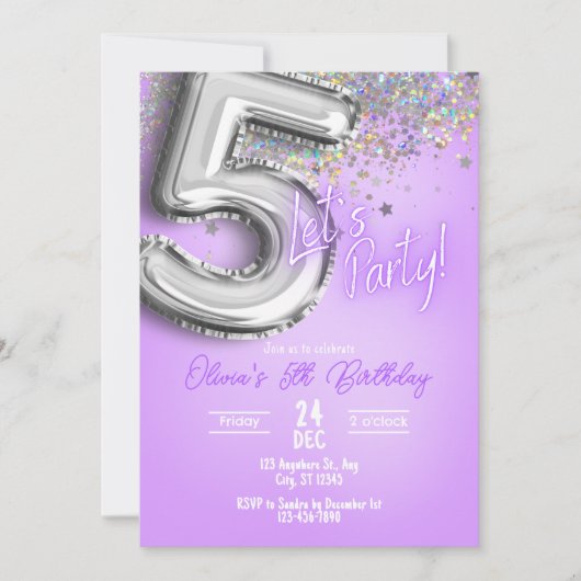 Purple Glitter 5th Birthday Invitation (Devant)