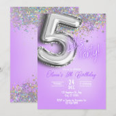 Purple Glitter 5th Birthday Invitation (Devant / Derrière)