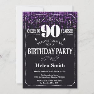 Purple Glitter 90th Birthday Invitation Kaart