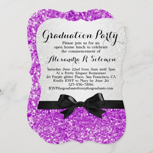 Purple Glittery Bow Graduation Party Invitation (Devant / Derrière)