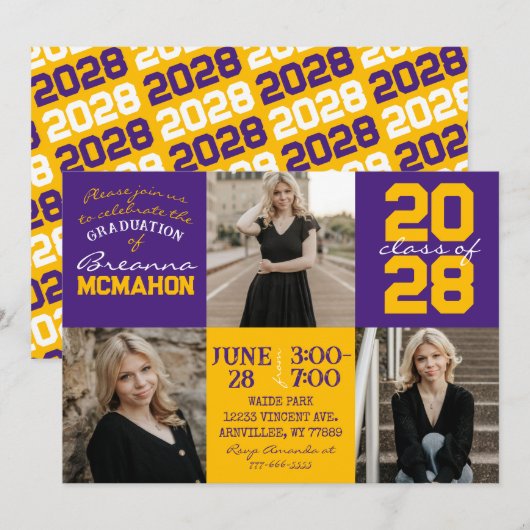 Purple & Gold 3 Photo Graduation Invitation (Devant / Derrière)