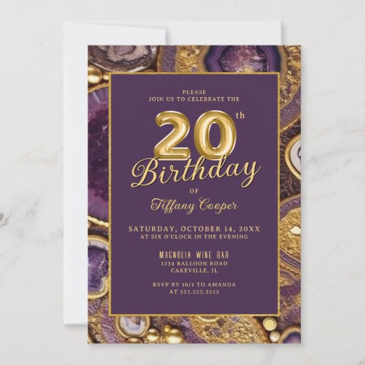 Purple Gold Agate 20e anniversaire Invitation (Devant)