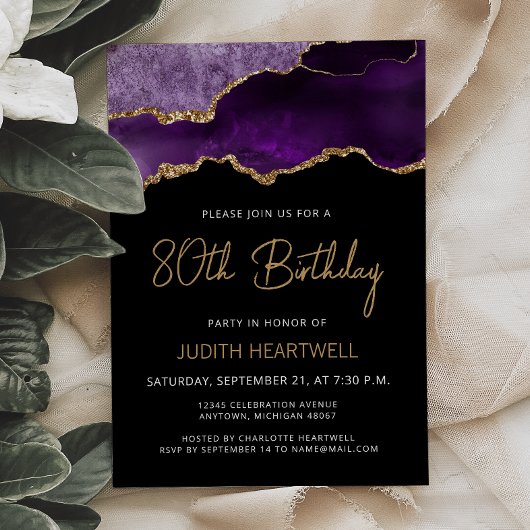 Purple Gold Agate 80e anniversaire Invitation