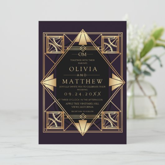 Purple & Gold Art Deco Wedding Invitation (Debout devant)