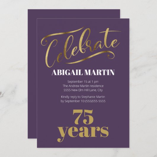 Purple Gold Blanc 75e anniversaire Invitation de f (Devant / Derrière)