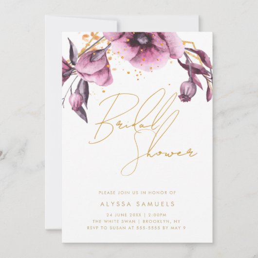 Purple Gold Chic Floral Douche nuptiale Invitation (Devant)