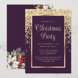 Purple Gold Confetti Botanical Christmas Party Kaart