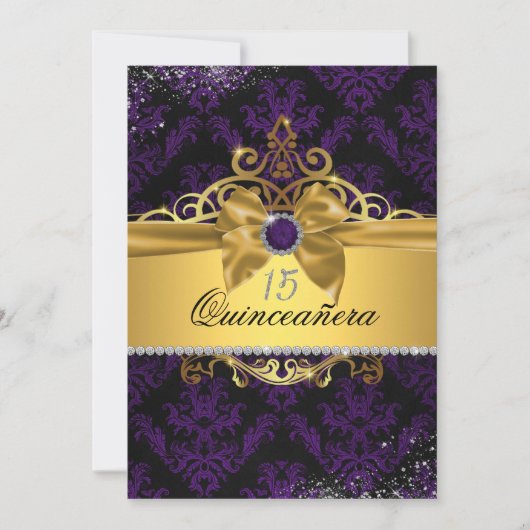 Purple Gold Elegant Damask Quinceanera Invitation (Devant)