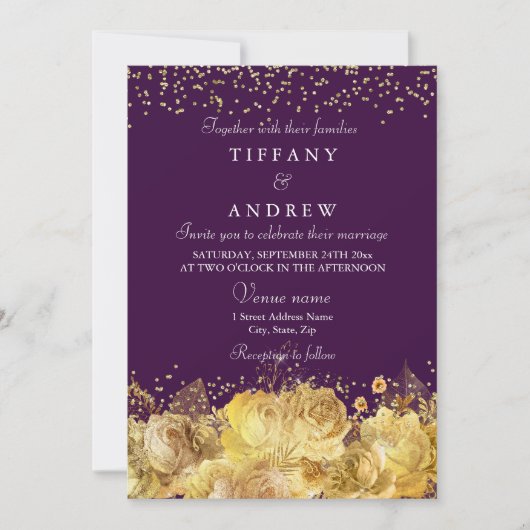 Purple & Gold Floral Élégant Invitation de mariage (Devant)