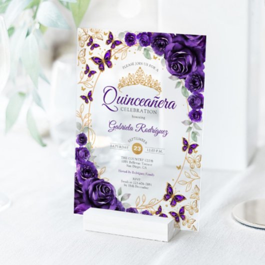 Purple Gold Floral Quinceanera Acryl Uitnodigingen