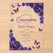 Purple Gold Floral Quinceanera Acryl Uitnodigingen (Voorkant)