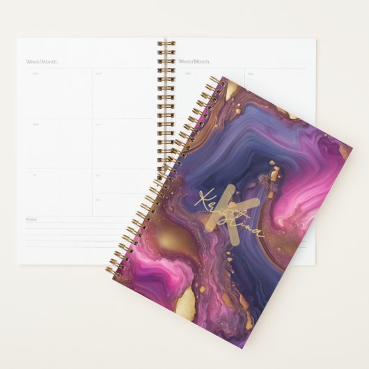 Purple Gold Geode Agate Monogram Script Name Planner (Display)