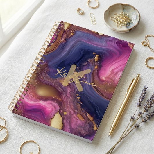 Purple Gold Geode Agate Monogram Script Name Planner