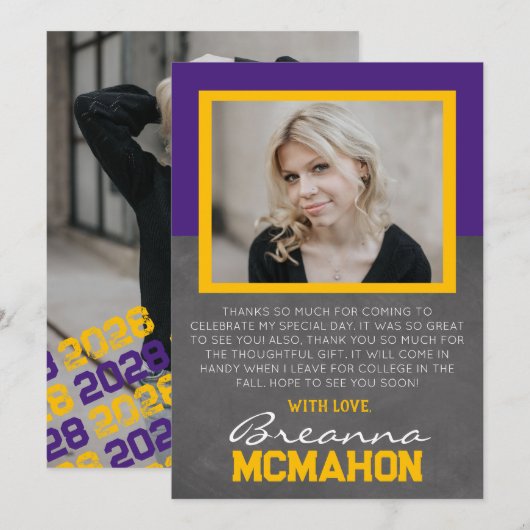 Purple & Gold Graduation 2 Carte de remerciements  (Devant / Derrière)