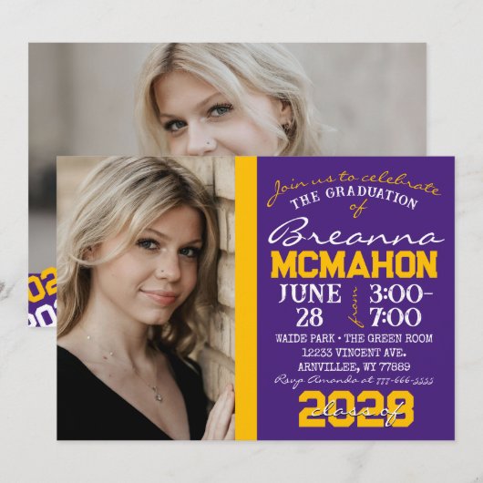 Purple & Gold Graduation 2 Photo Invitation (Devant / Derrière)