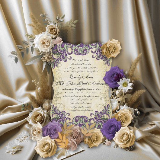 Purple Gold & Green Peacock Invitations de mariage