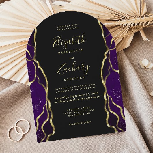 Purple Gold Ink Dark Arch Wedding Invitation Kaart