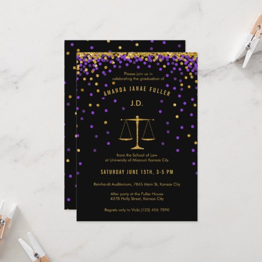 Purple & Gold Law School Graduation Invitation (Devant/Arrière en situation)
