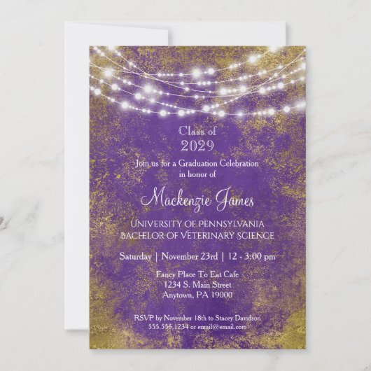 Purple Gold Lights Graduation Party Invitation (Devant)