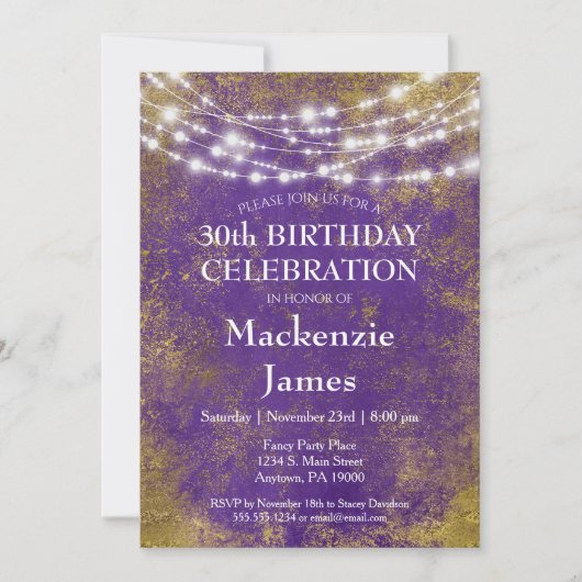 Purple Gold Lumières Anniversaire Fête Invitation  (Devant)