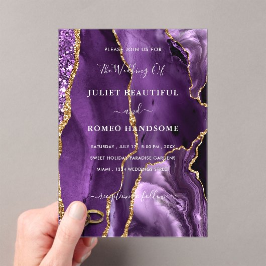 Purple Gold Marble Wedding Invitation with Rings (In situ (ordinateur de poche))