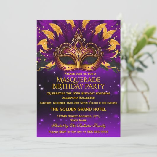 Purple Gold Masks Masquerade Birthday Party Kaart (Staand voorkant)
