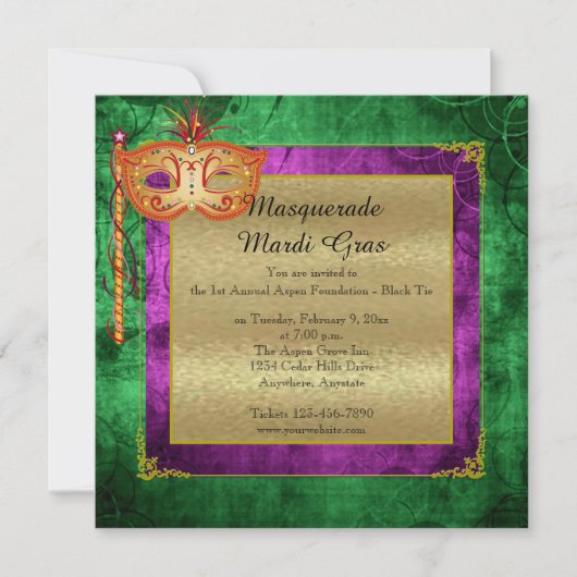 Purple Gold Masquerade Mardi Gras Ball Invitation (Devant)