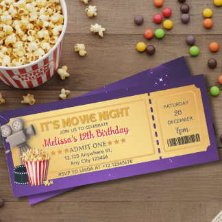 Purple Gold Movie Night Ticket Birthday Party   Kaart