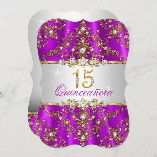 Purple Gold Pearl Damask Quinceanera Invitation (Devant / Derrière)