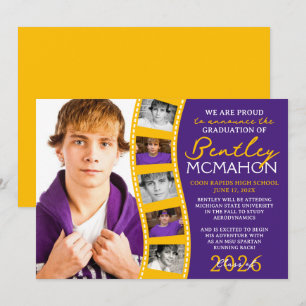 Purple & Gold Photo Filmstrip Grad Faire-part
