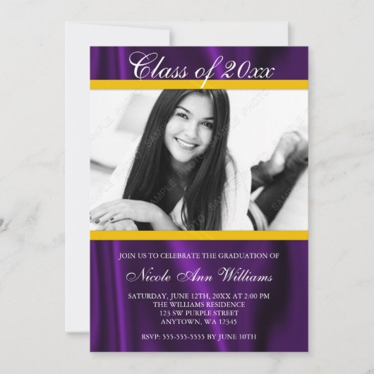 Purple Gold Satin Faire-part de graduation photo (Devant)