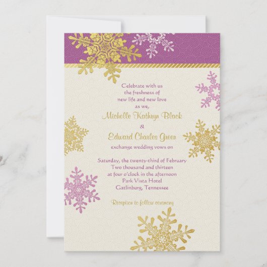 Purple Gold Snowflake hiver mariage Invitation (Devant)