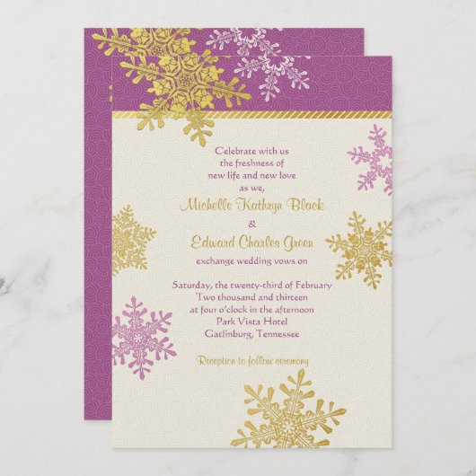Purple Gold Snowflake hiver mariage Invitation (Devant / Derrière)
