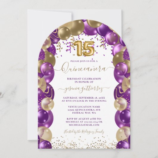 Purple Gold Sparkle Quinceañera Balloon Invitation (Devant)