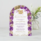 Purple Gold Sparkle Quinceañera Balloon Invitation (Debout devant)