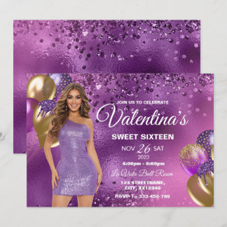 Purple & Gold Sweet 16 Girl Birthday Invitation